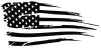 Distressed black and white American flag graphic with stars and stripes, appearing to be torn.