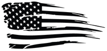 Distressed black and white American flag graphic with stars and stripes, appearing to be torn.