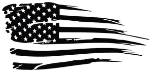 Distressed black and white American flag graphic with stars and stripes, appearing to be torn.