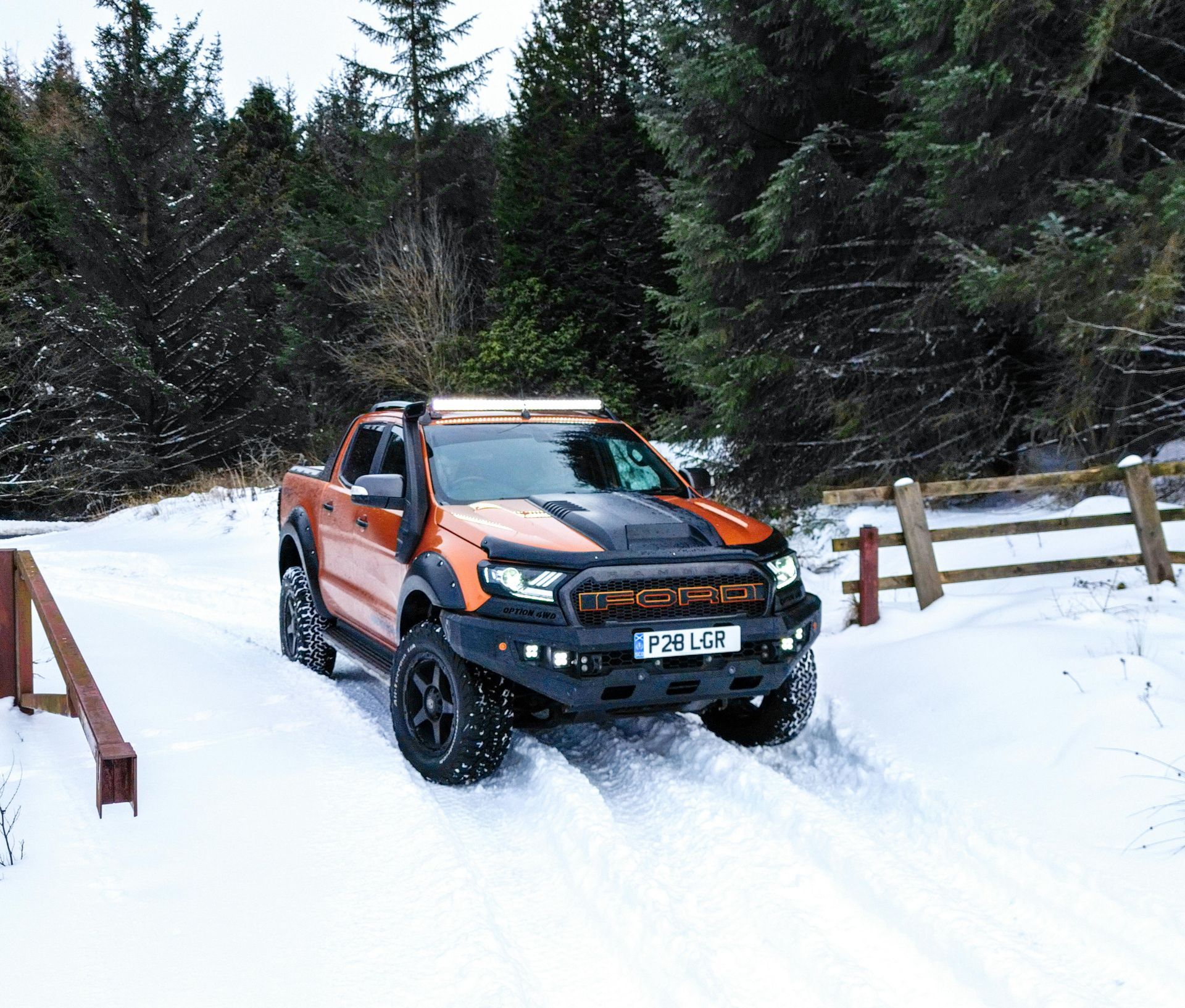 Orange Ford truck driving on a snow-covered road near a wooded area.