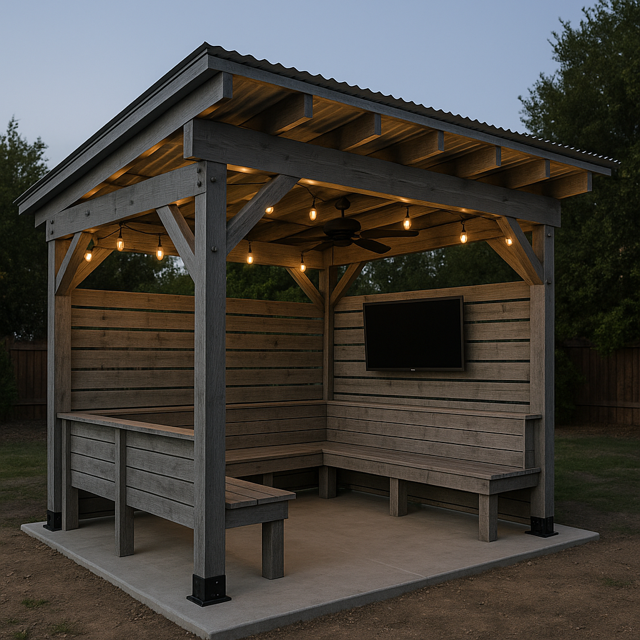 Outdoor wooden gazebo with benches, TV, and string lights.