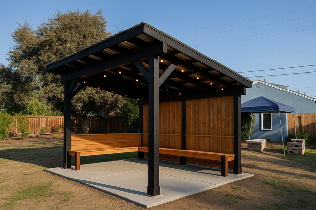 Black and wood-toned pergola with bench seating and string lights, set on a concrete pad in a yard.
