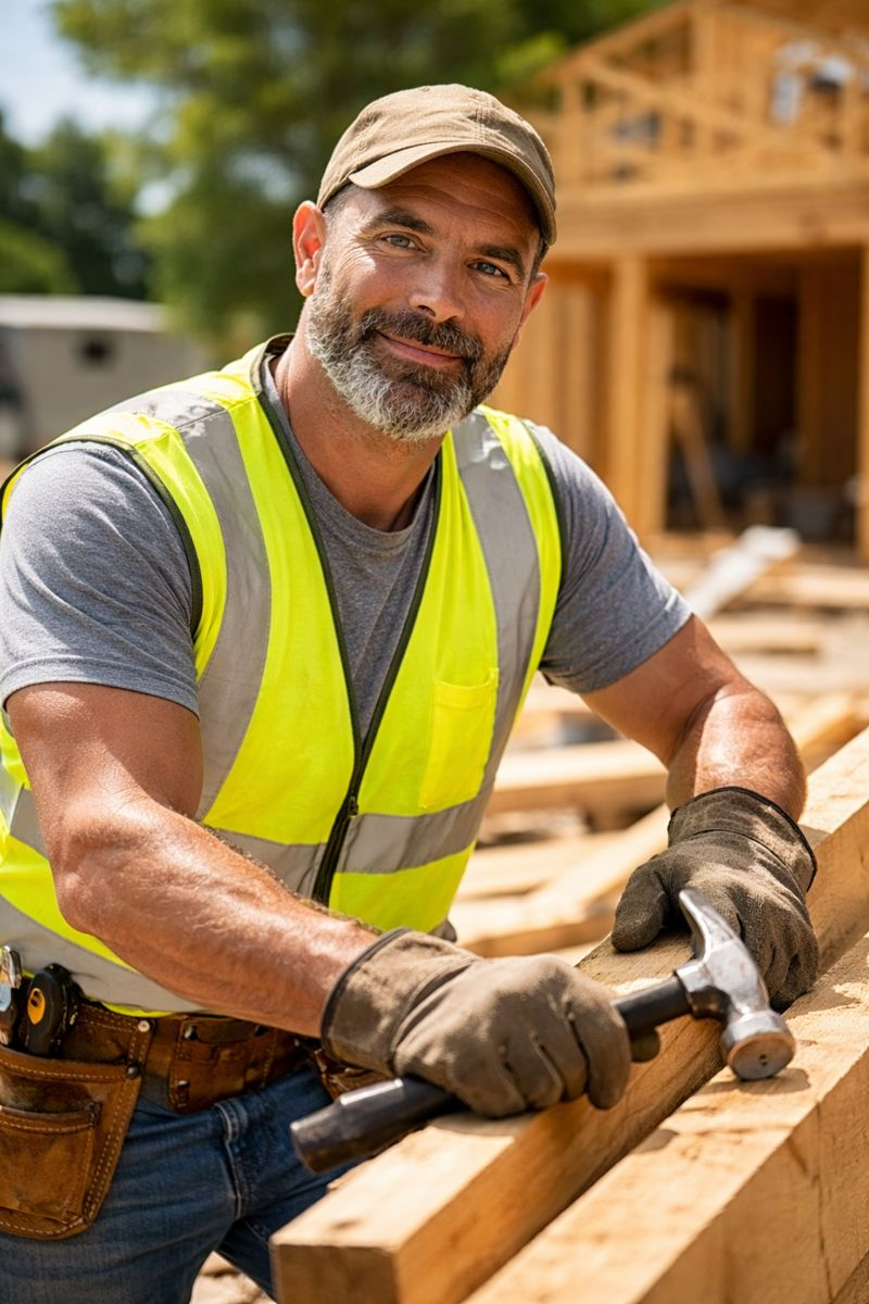 Construction worker using hammer on lumber, wearing safety vest and cap, outdoors.
