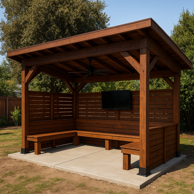 Wooden outdoor gazebo with benches, TV, and slatted walls on a concrete patio.