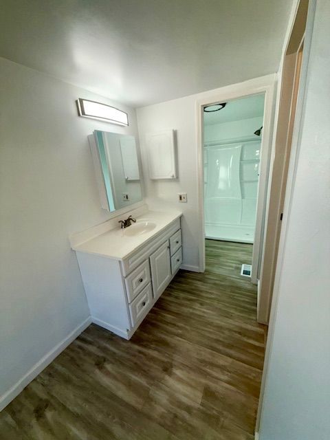 Bathroom with white vanity, light wood-look flooring, and a shower visible through an open doorway.
