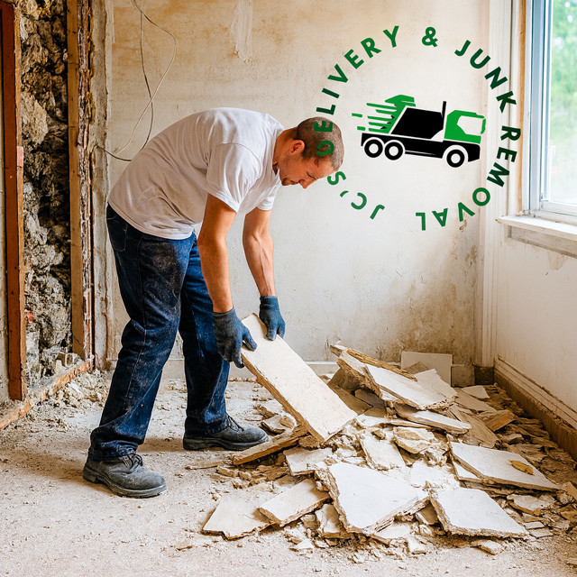 Man in a room with debris, collecting broken tiles. Logo shows truck and text 
