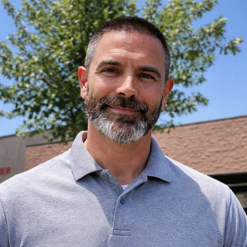 Man with a gray beard and polo shirt smiles outdoors, with a building and tree in the background.