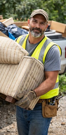 Man in safety vest carrying upholstered items; outdoor setting.