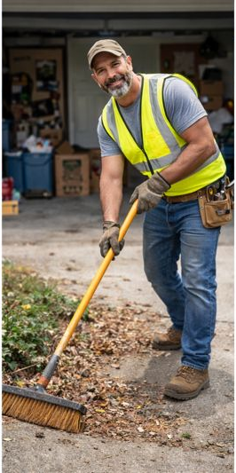Person in safety vest sweeps debris with broom.