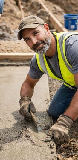 Construction worker in a yellow vest and gloves, kneeling to smooth concrete with a trowel.