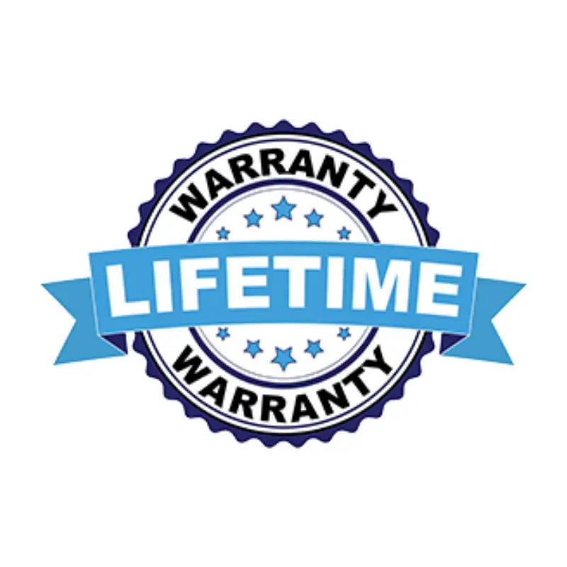 A lifetime warranty seal with a blue ribbon around it