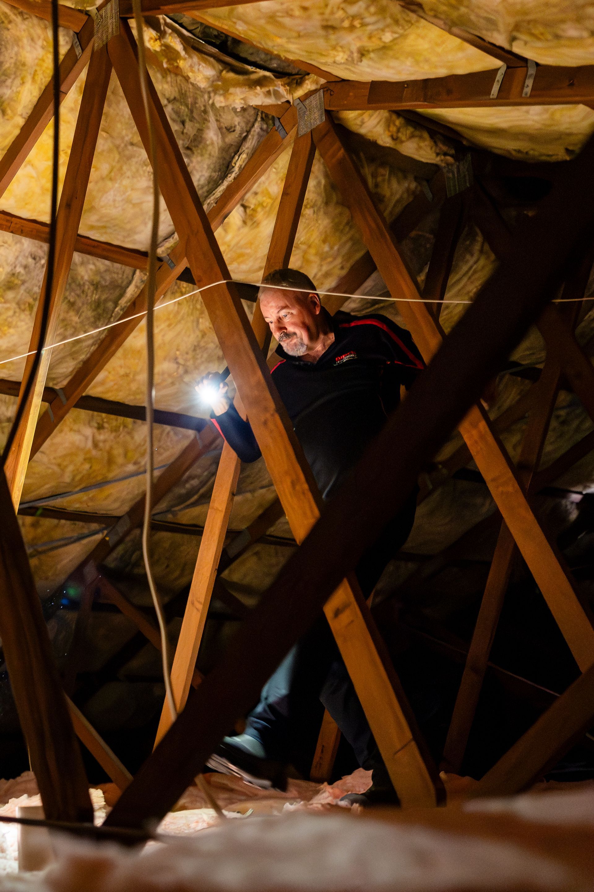 A Man in Insulated Roof With Torch — Quack Pest Control in Winnellie, NT