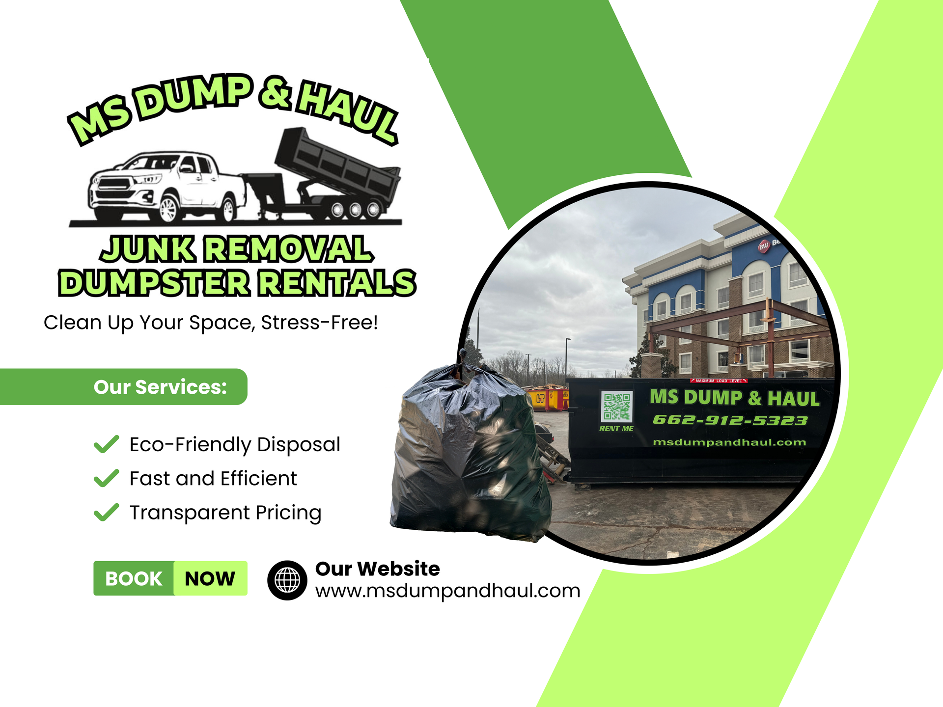 Advertisement for MS Dump & Haul: Junk removal & dumpster rentals, with truck image, black bag, and dumpster against a building.
