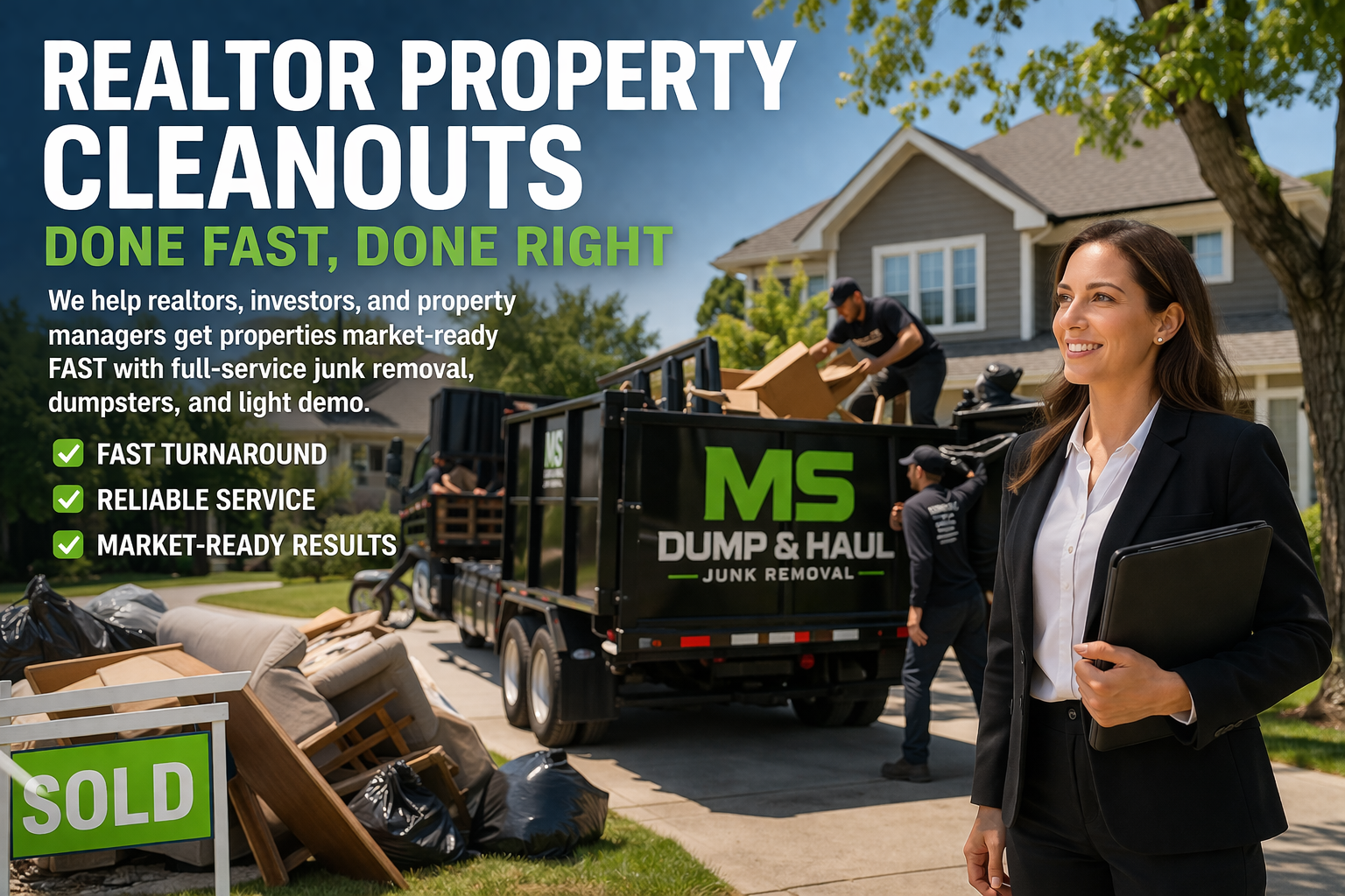 A realtor smiles in front of a house, while workers load junk into an MS Dump & Haul trailer near a Sold sign.