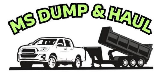 Logo for MS Dump & Haul, features a white pickup truck towing a dump trailer, with green text arcing above.