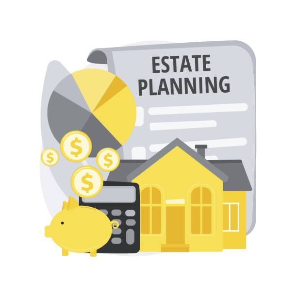 An estate planning concept illustration with a document, pie chart, piggy bank, coins, calculator, and a yellow house.