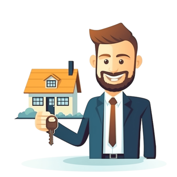 A smiling professional in a suit and tie holds a key in front of a illustrated house.