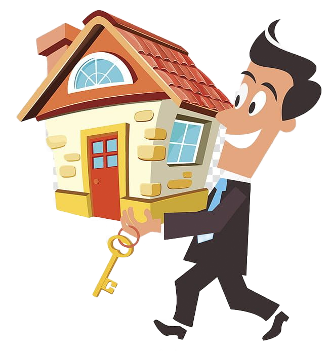 A smiling professional in a suit carries a house model in one hand and a gold key in the other.