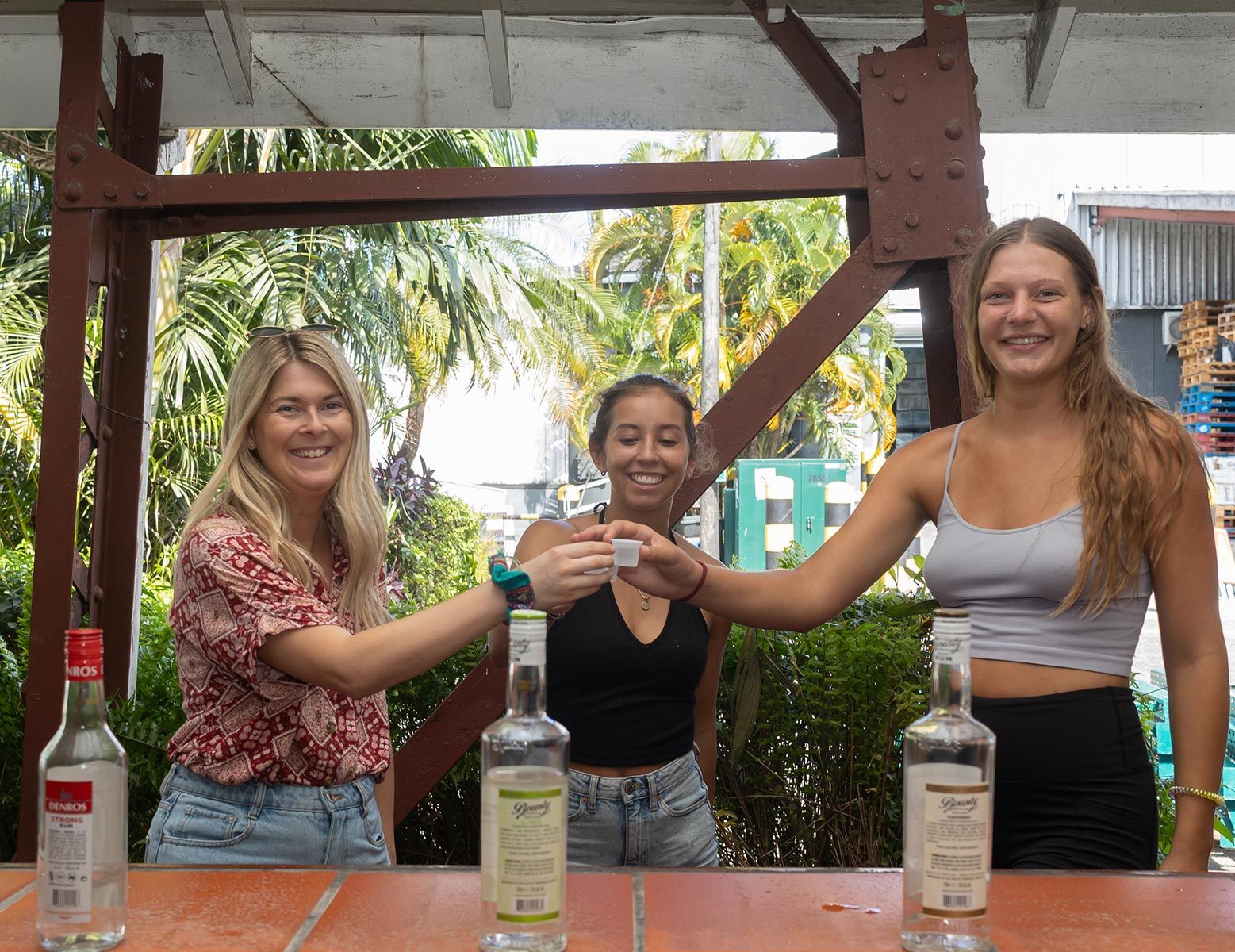 Three women are standing around a table with bottles of alcohol.