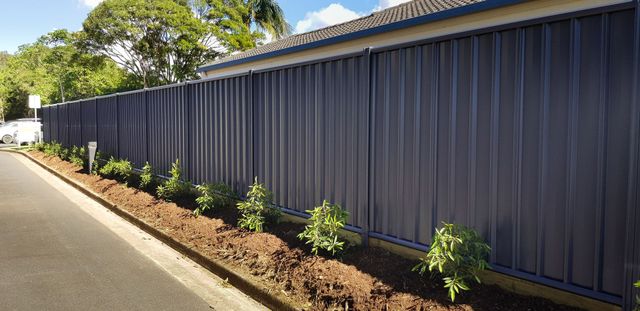 A dark gray corrugated metal fence with small green plants in a brown dirt border, along a road.