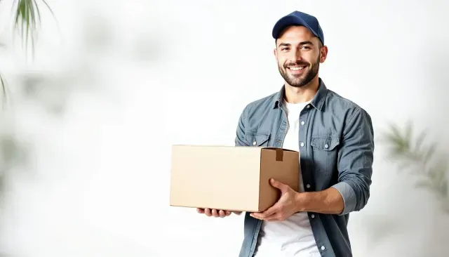 Um entregador está segurando uma caixa de papelão nas mãos.