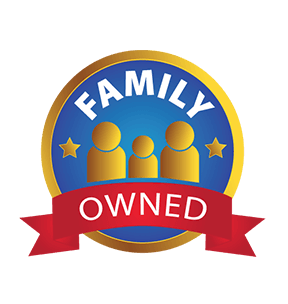A family owned logo with a red ribbon