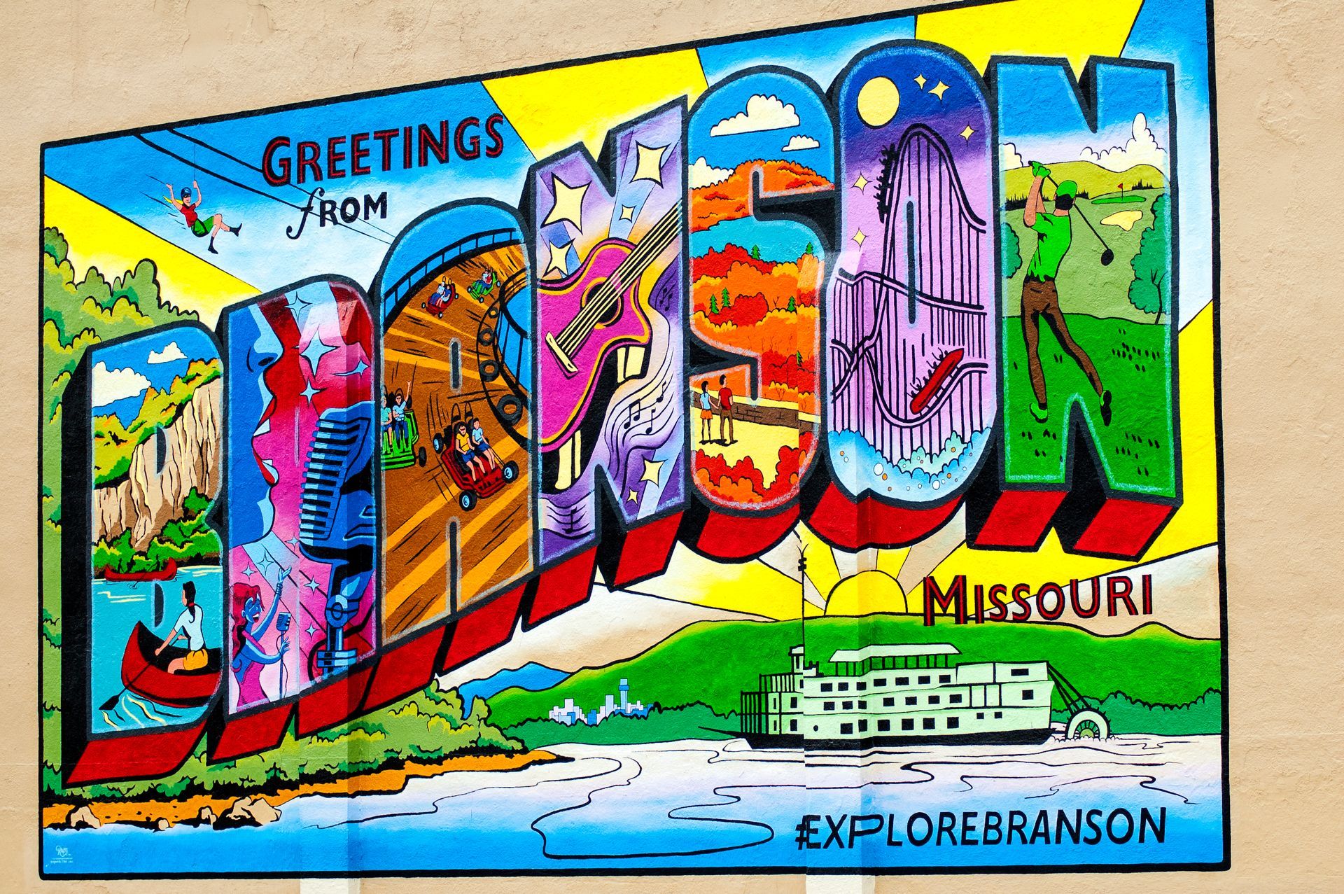 a colorful sign that says greetings from missouri