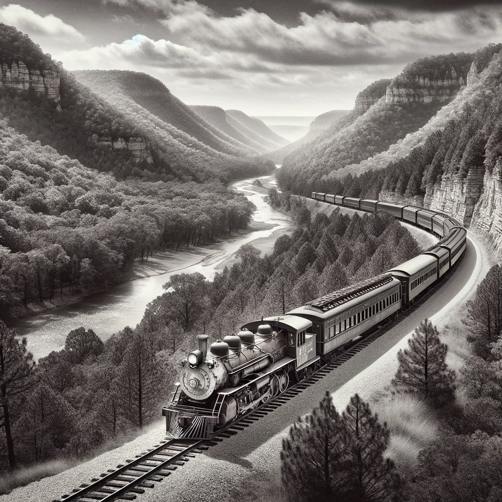 a black and white photo of a train going through a valley