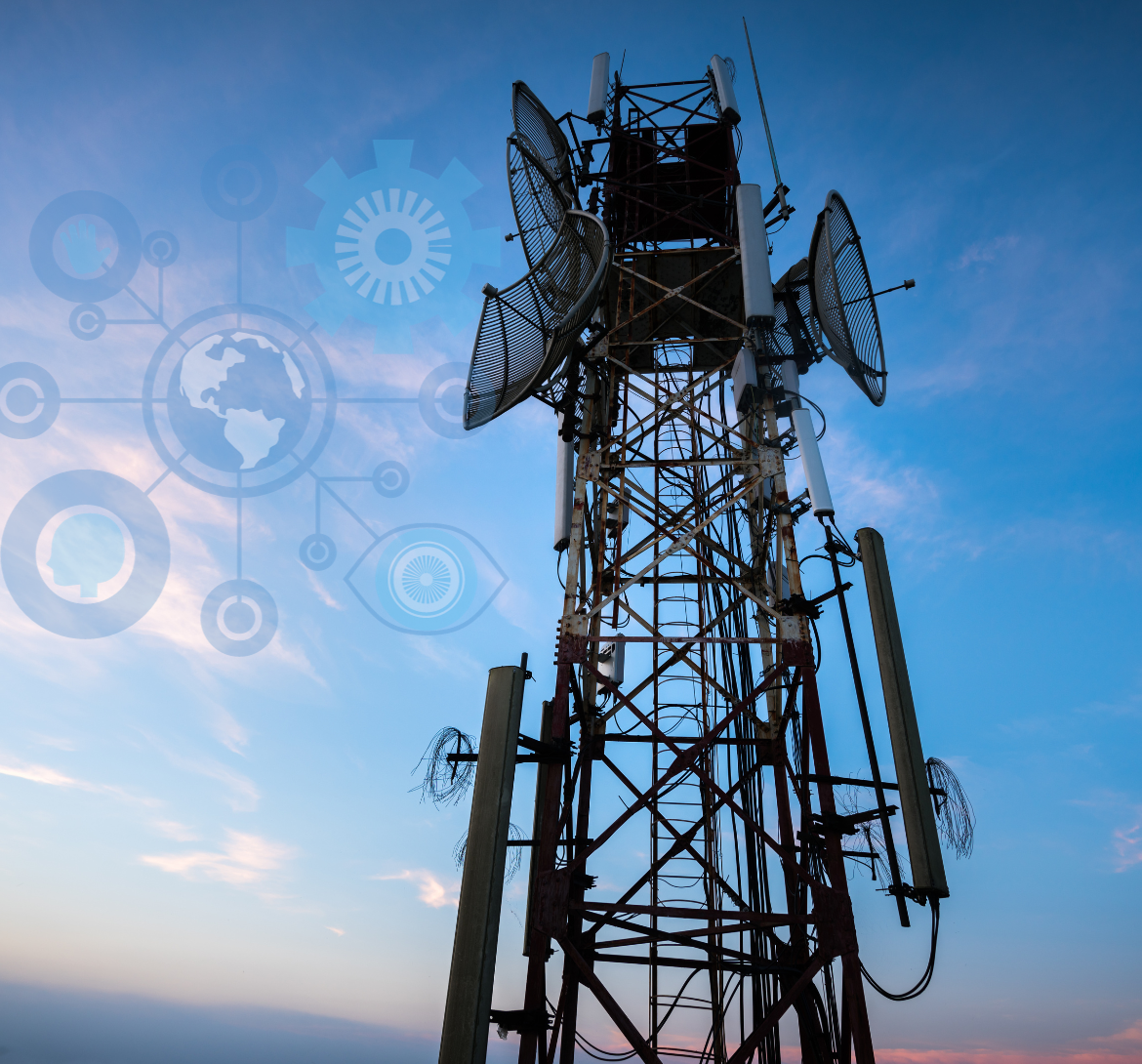 una torre de telecomunicaciones con un mundo, un ojo, un engrane y una persona conectándose entre si en el fondo.