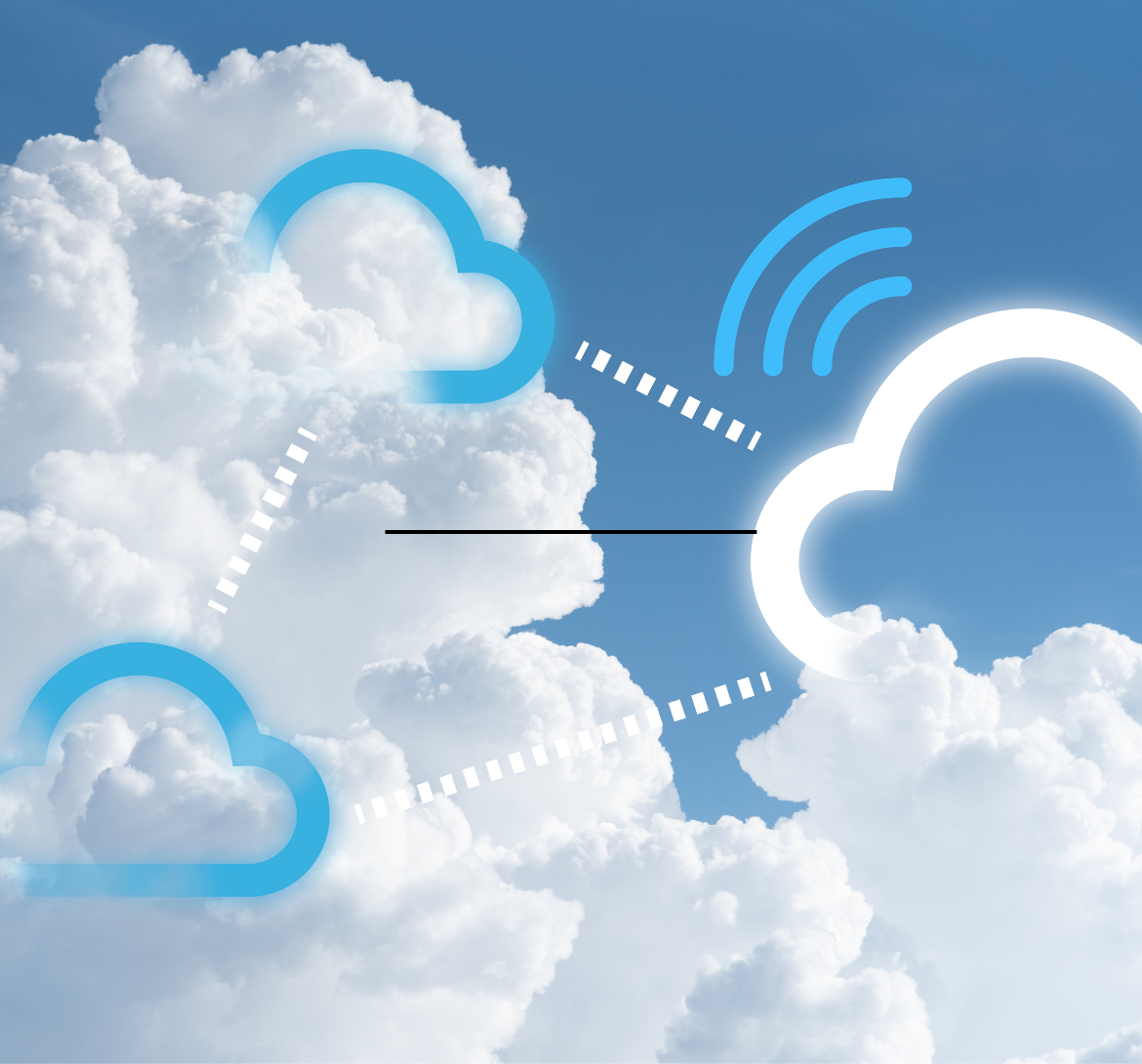 tres nubes azules y una nube blanca en el cielo que se están conectando entre ellas mediante una red y unas líneas punteadas.