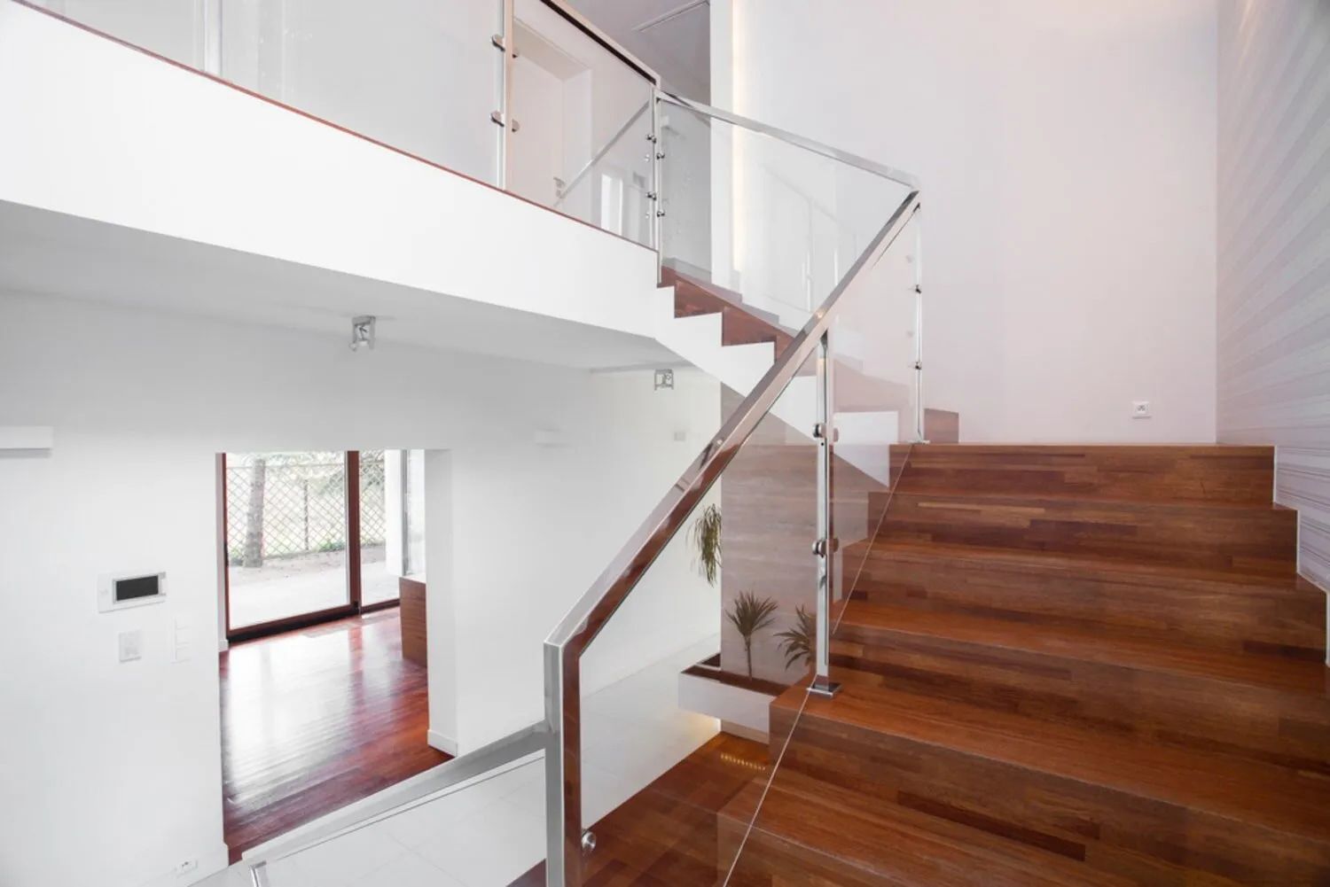 Wooden Staircase With Glass Railings — Balustrades in Taminda, NSW