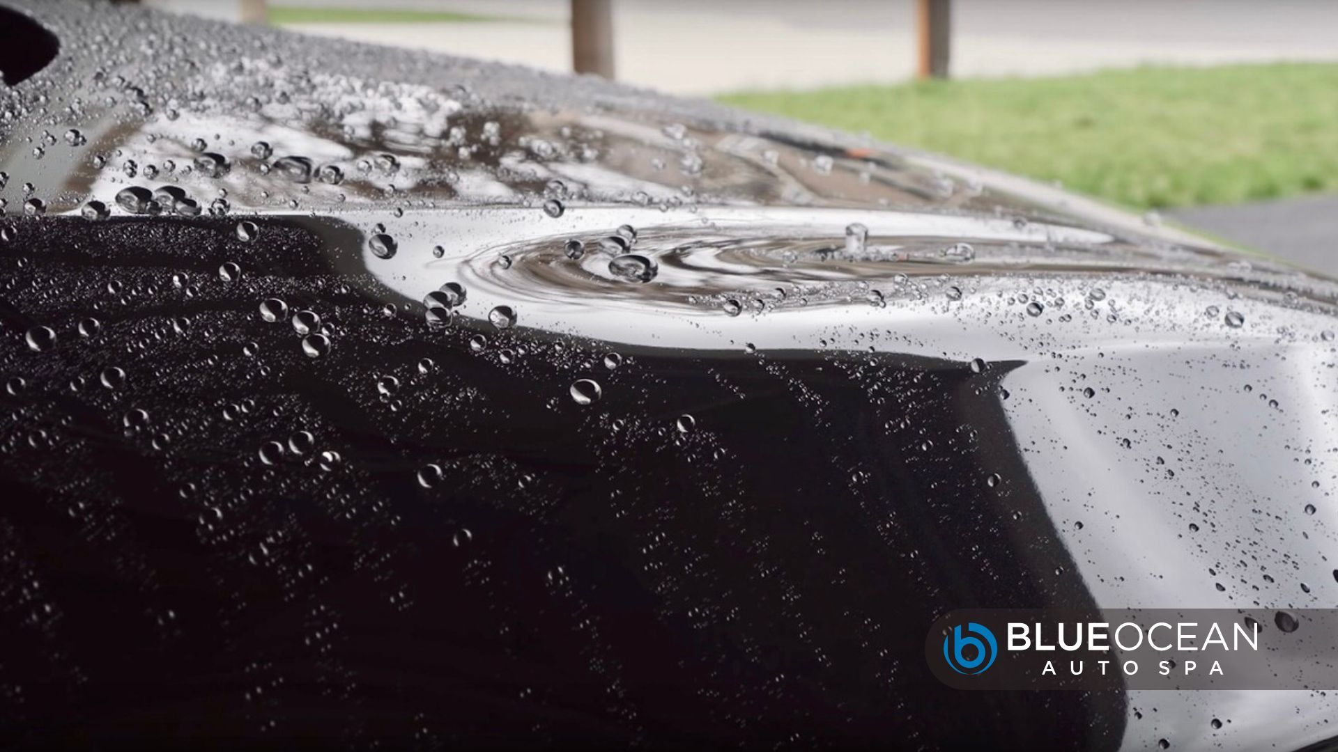 Water droplets beading on a glossy black car surface after ceramic coating application