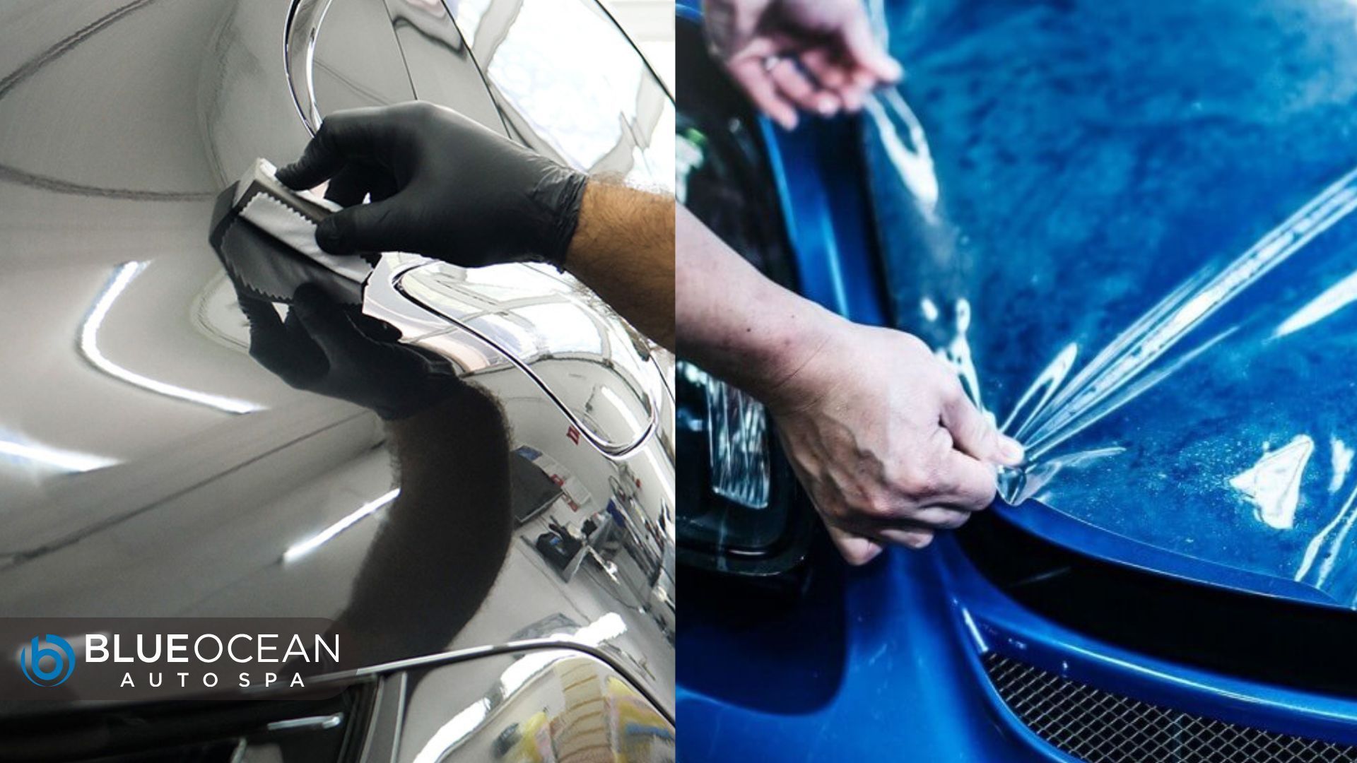 Split image showing ceramic coating application on a black car and paint protection film 