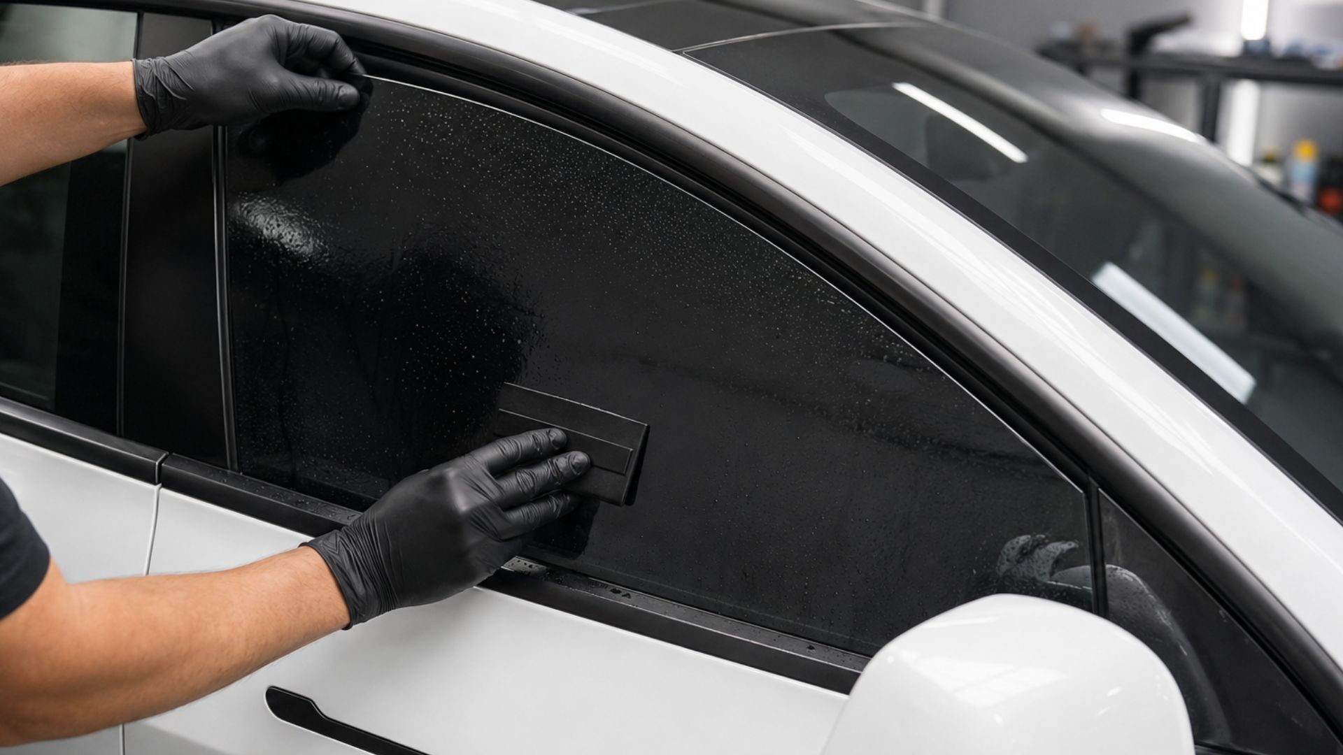 A technician in black gloves uses a squeegee during window tint installation on a white Tesla window