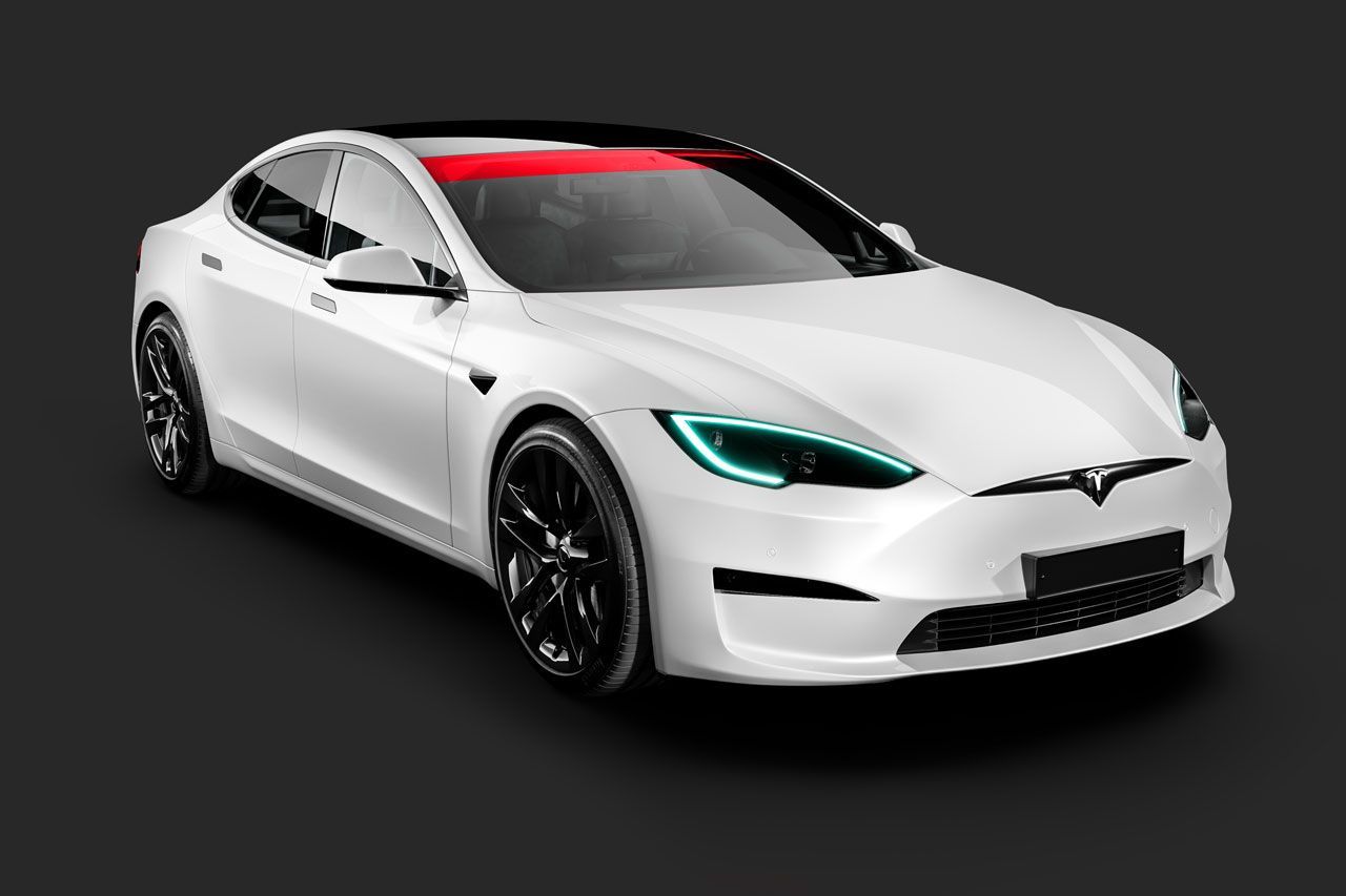 A white tesla model s with blue headlights is on a black background.