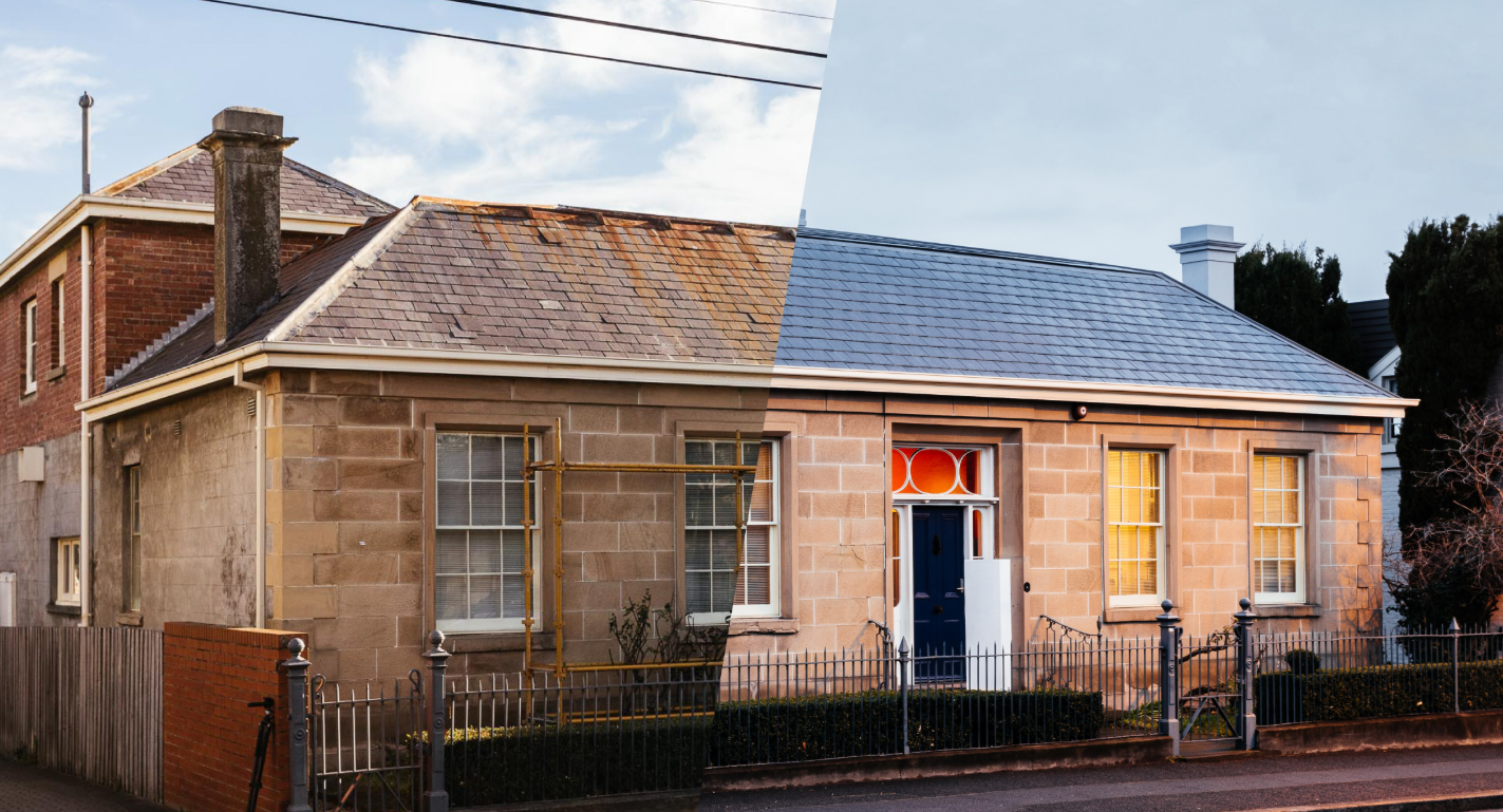 A Before and After Photo of a Brick House With a Blue Roof — Mr Roof Tiles in Kingscliff, NSW