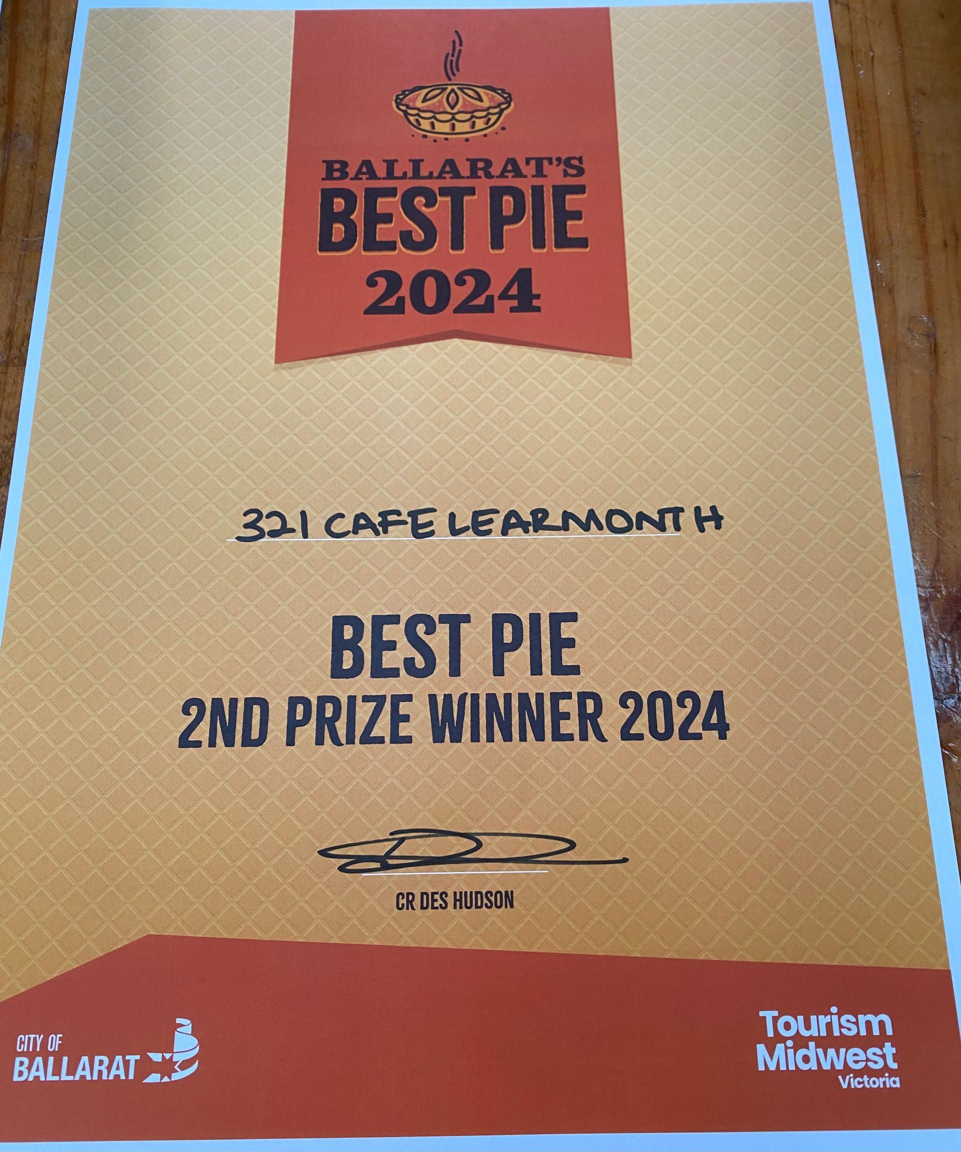 A certificate that says best pie 2nd prize winner 2024