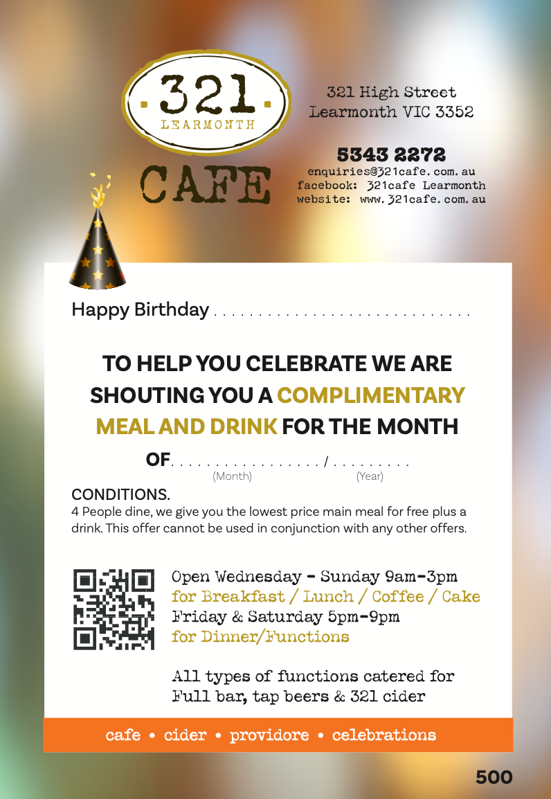 A Flyer for a Restaurant — 321 Cafe in Learmonth, VIC