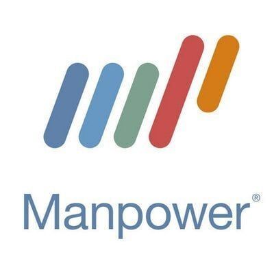 Logotipo de Manpower: barras angulares de colores sobre el texto 