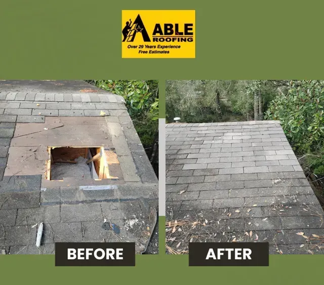 Before and after shots of a roof repair. The 