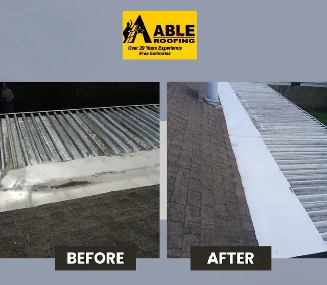 Before-and-after photo: Metal roof replaced with shingle roof; white trim.