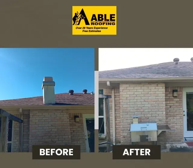 Before-and-after of a brick house roof. 