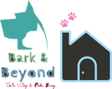 A logo for bark and beyond with a dog and a house