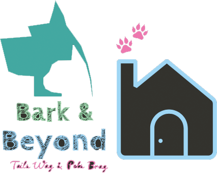 A logo for bark and beyond with a dog and a house