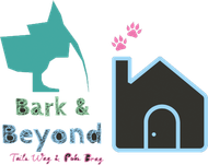 A logo for bark and beyond with a dog and a house
