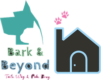 A logo for bark and beyond with a dog and a house