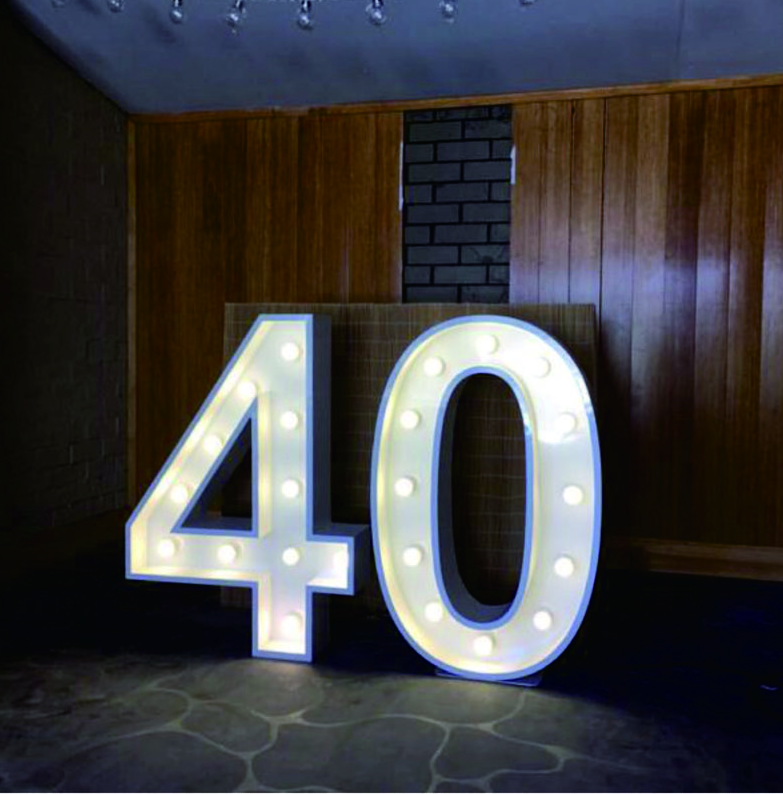 The number 40 is lit up in a dark room
