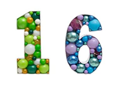 The number 16 is made up of colorful beads