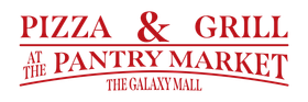 The logo for pizza and grill at the pantry market