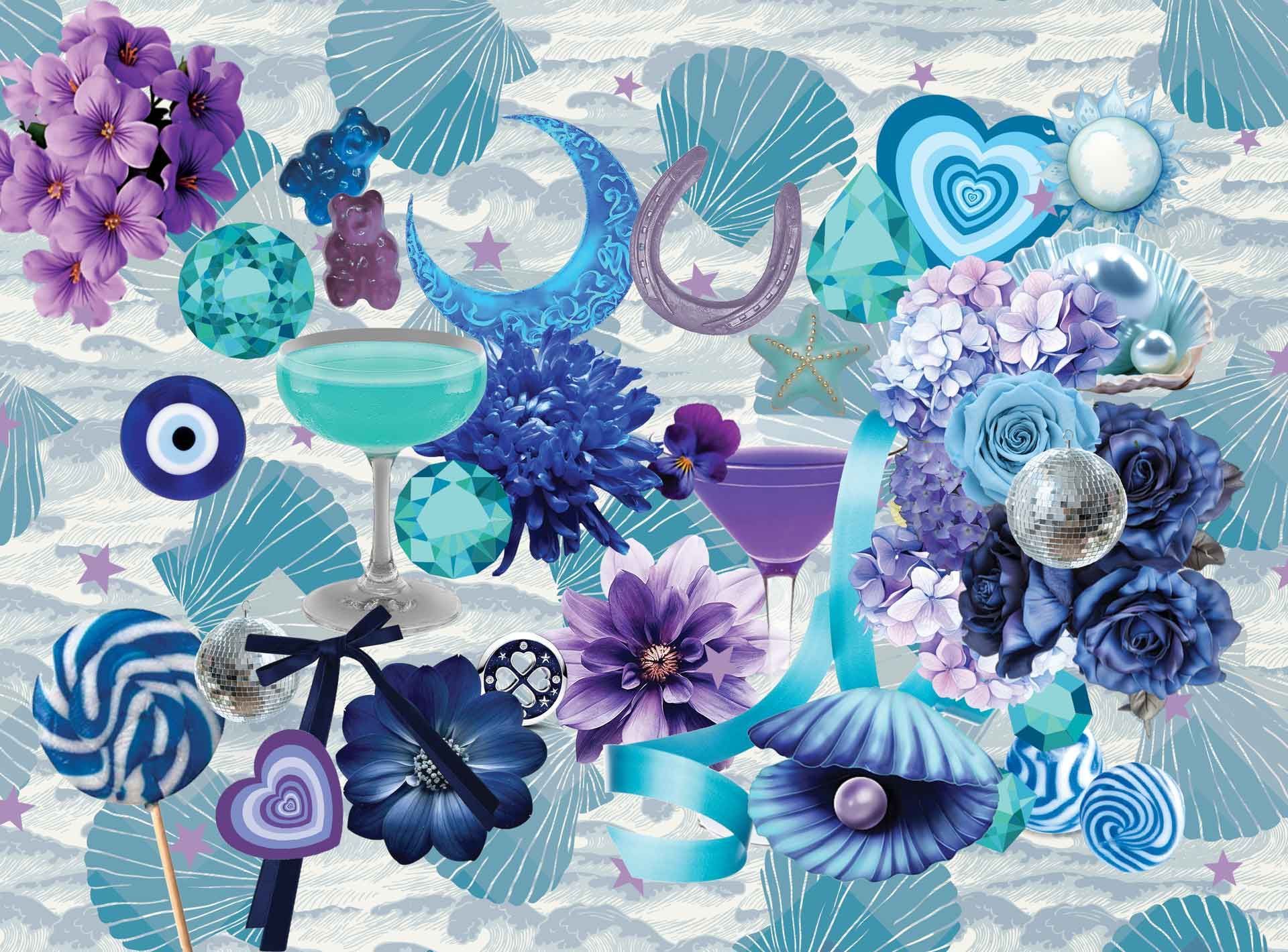 A collage of blue and purple objects on a blue background.